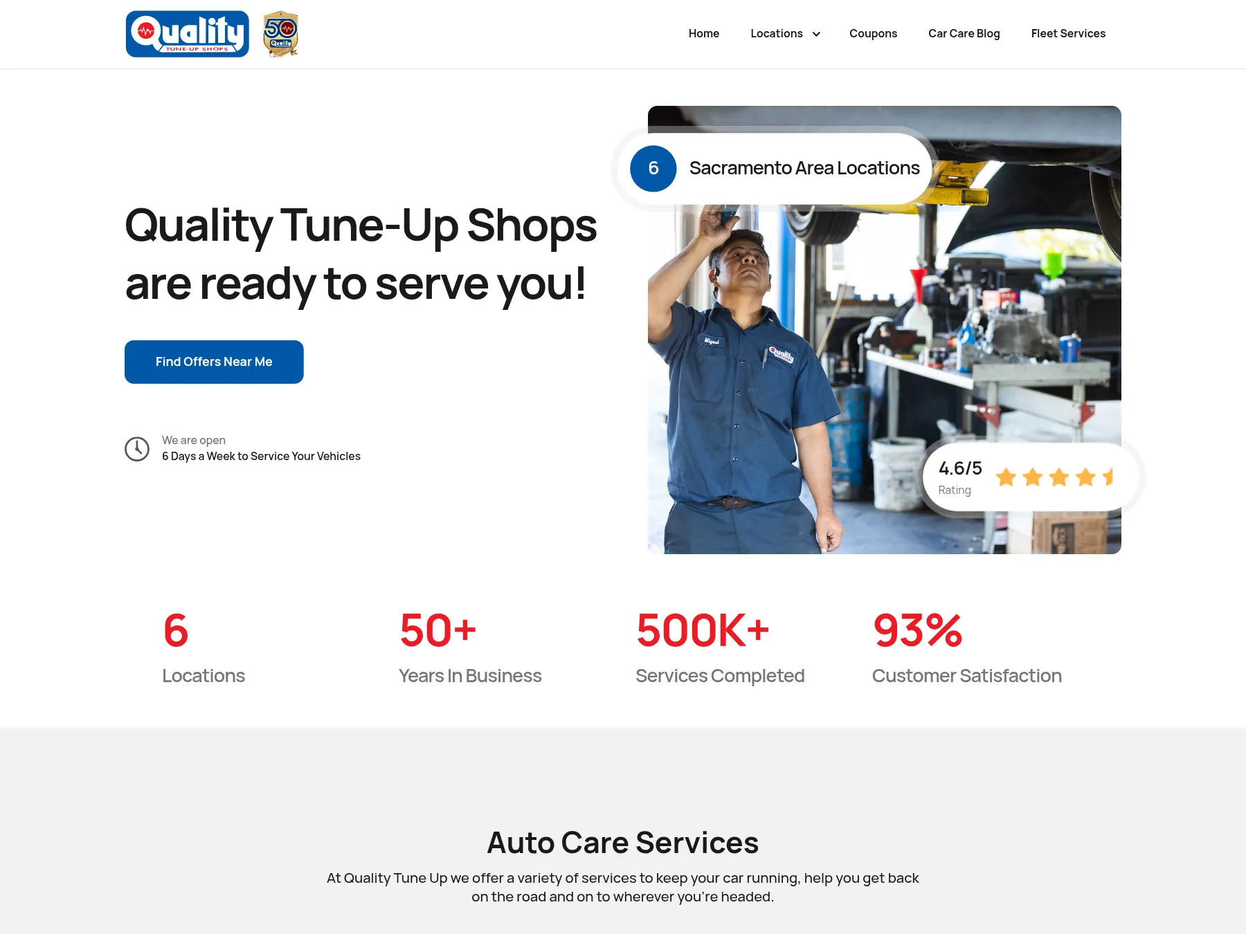 The Quality Tune-Up Shops homepage we designed and built, with its six Sacramento-area locations and current offers